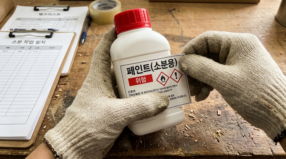 건설현장에서 화학물질을 소분하고 경고표지를 확인하는 모습