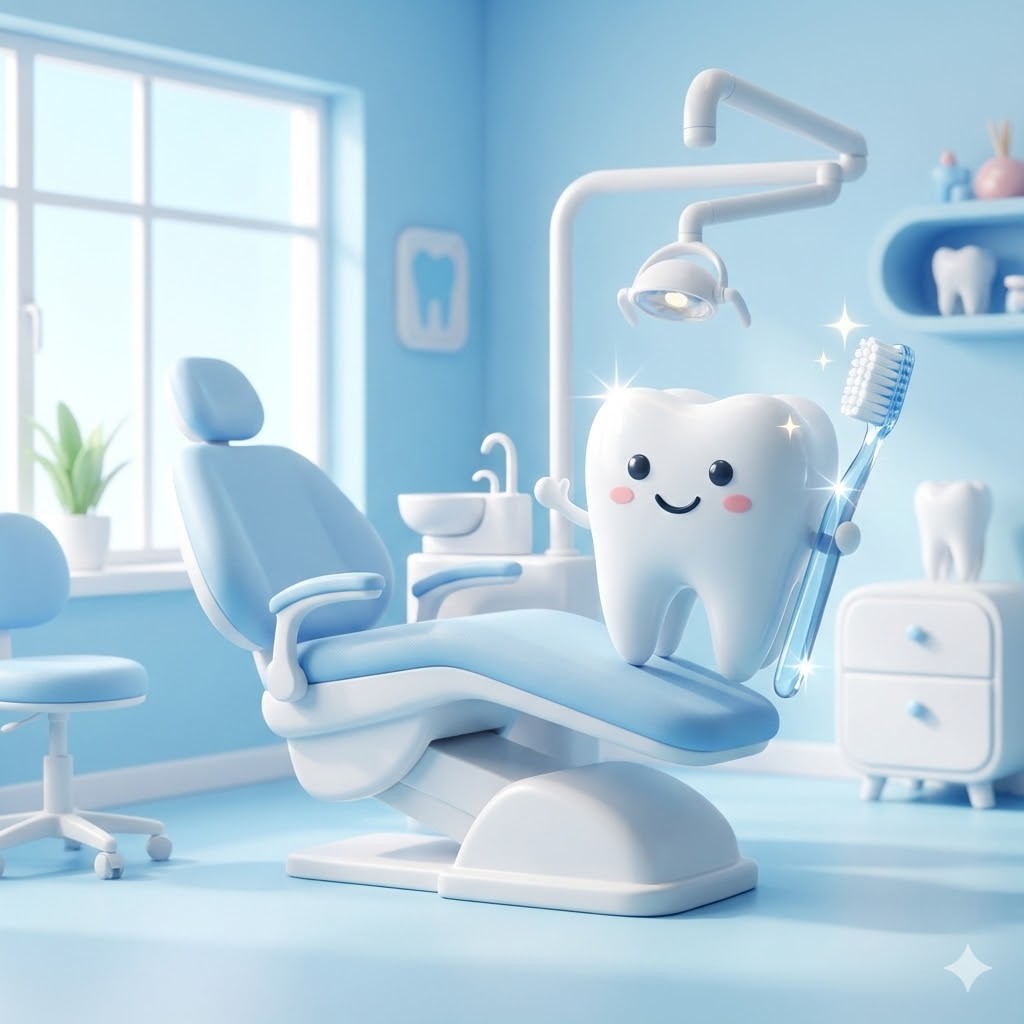 깨끗한 치과 의자와 반짝이는 치아 캐릭터 3D 일러스트