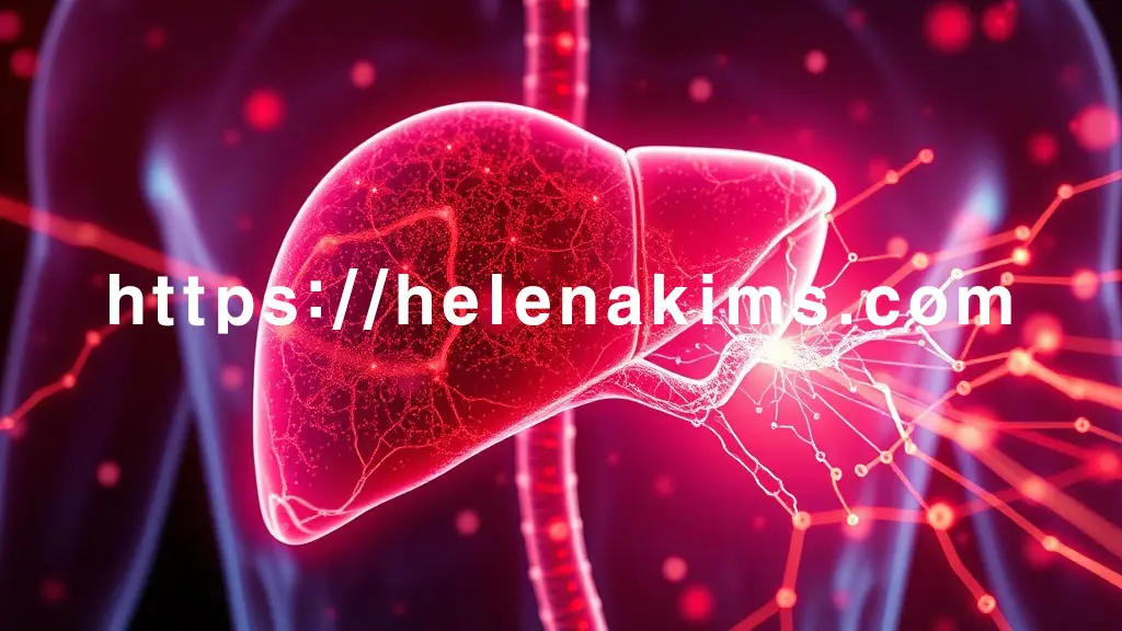 빛나는 인체 간 내부에서 알부민 단백질 분자가 역동적으로 생성되어 혈액 흐름을 상징하는 밝은 에너지 선을 따라 퍼져나가는 모습.