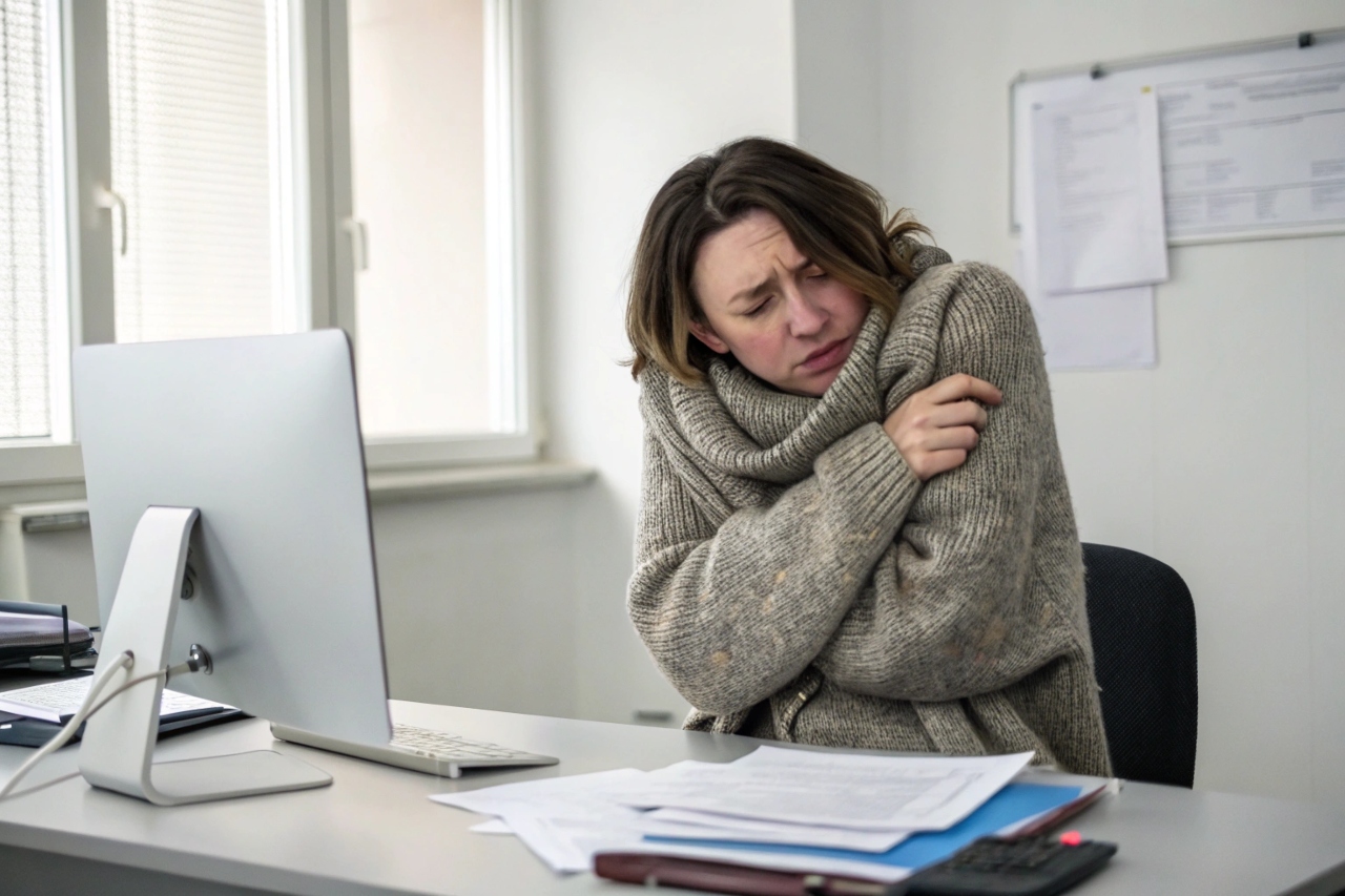 사무실에서 추위에 떠는 여성
