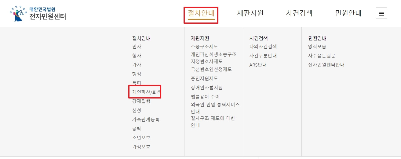 홈페이지 상단 메뉴에서 '절차안내'와 '개인파산/회생'을 선택하는 화면