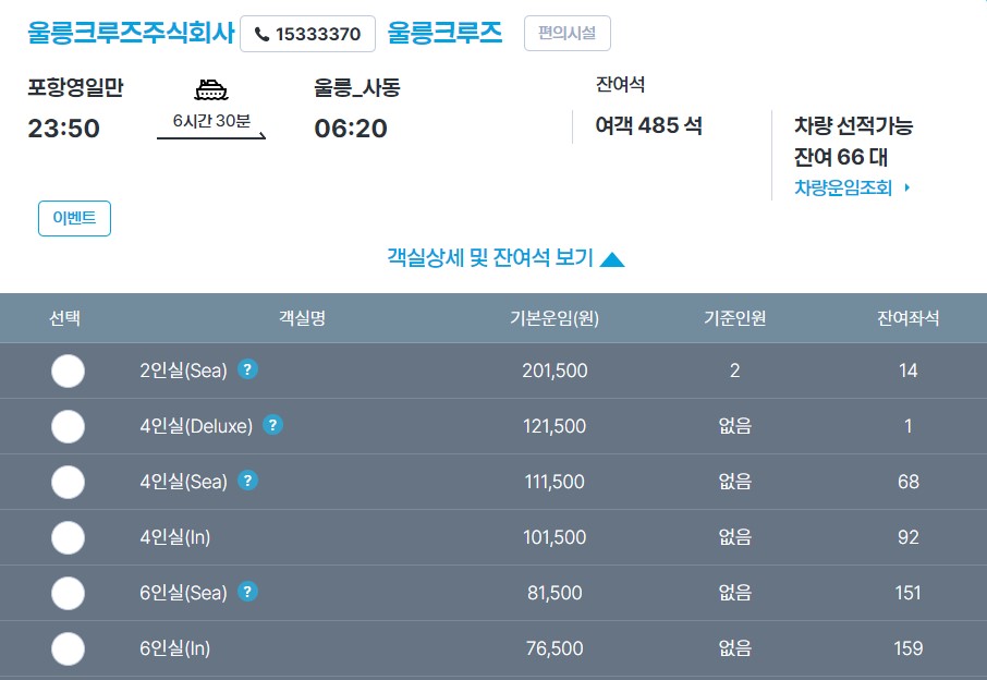 포항-울릉도-배편-뉴씨다오펄호-운임