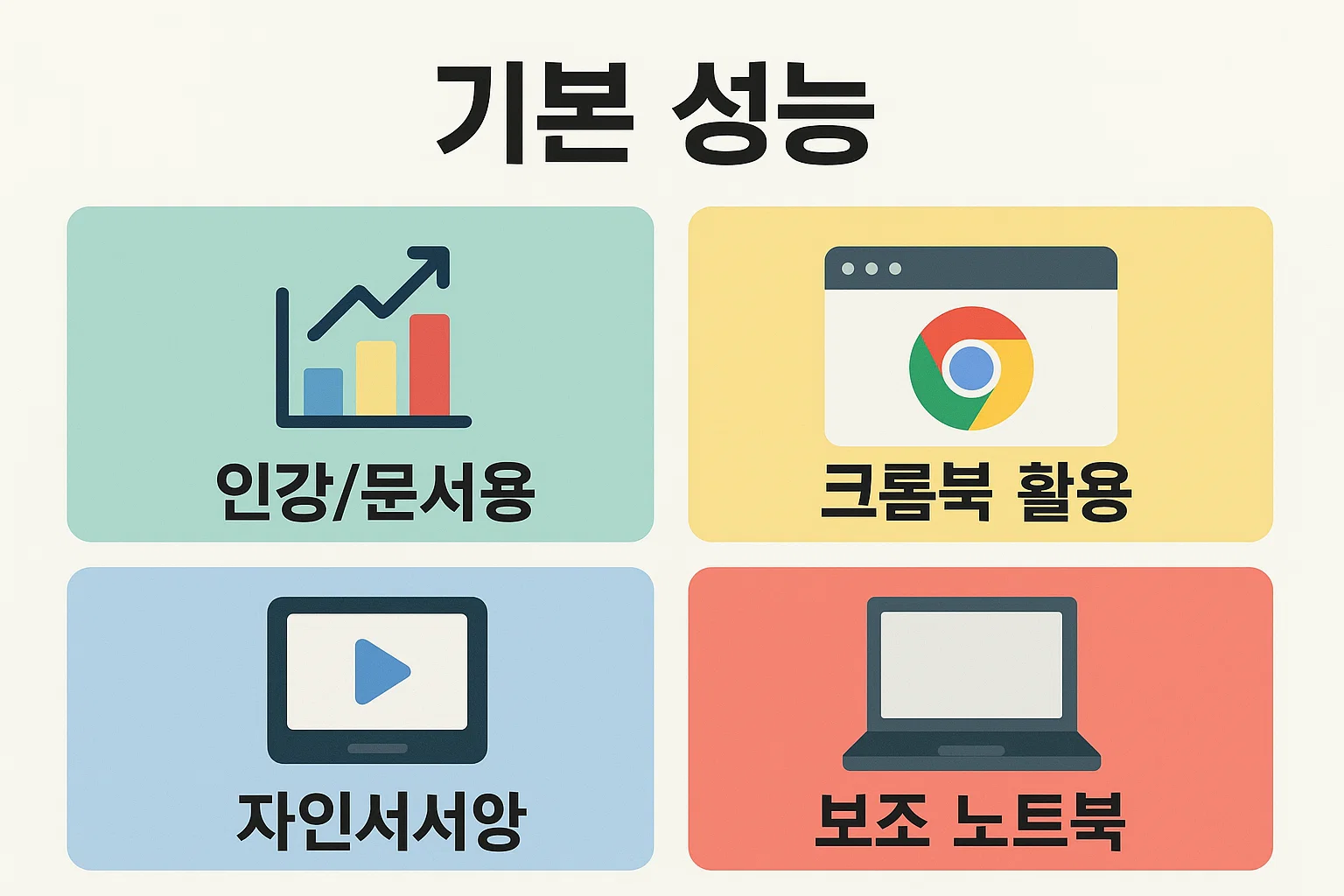 인강 및 문서 작업용, 크롬북 활용, 자인서 서양 및 기본 보조 노트북 등 저가형 가성비 노트북 예시 모델을 정리한 인포그래픽입니다.