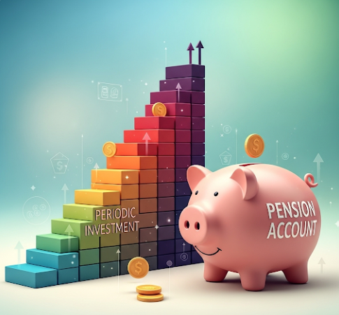 계단 모양으로 꾸준히 상승하는 그래프가 있고, 그 위에 '적립식 투자'라는 글자가 쓰여있다. 그래프 옆에는 '연금 계좌'라는 글자가 적힌 저금통이 놓여있다