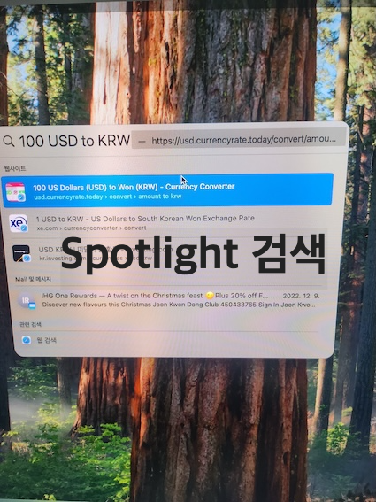 Spotlight 검색으로 환율 검색하는 모습