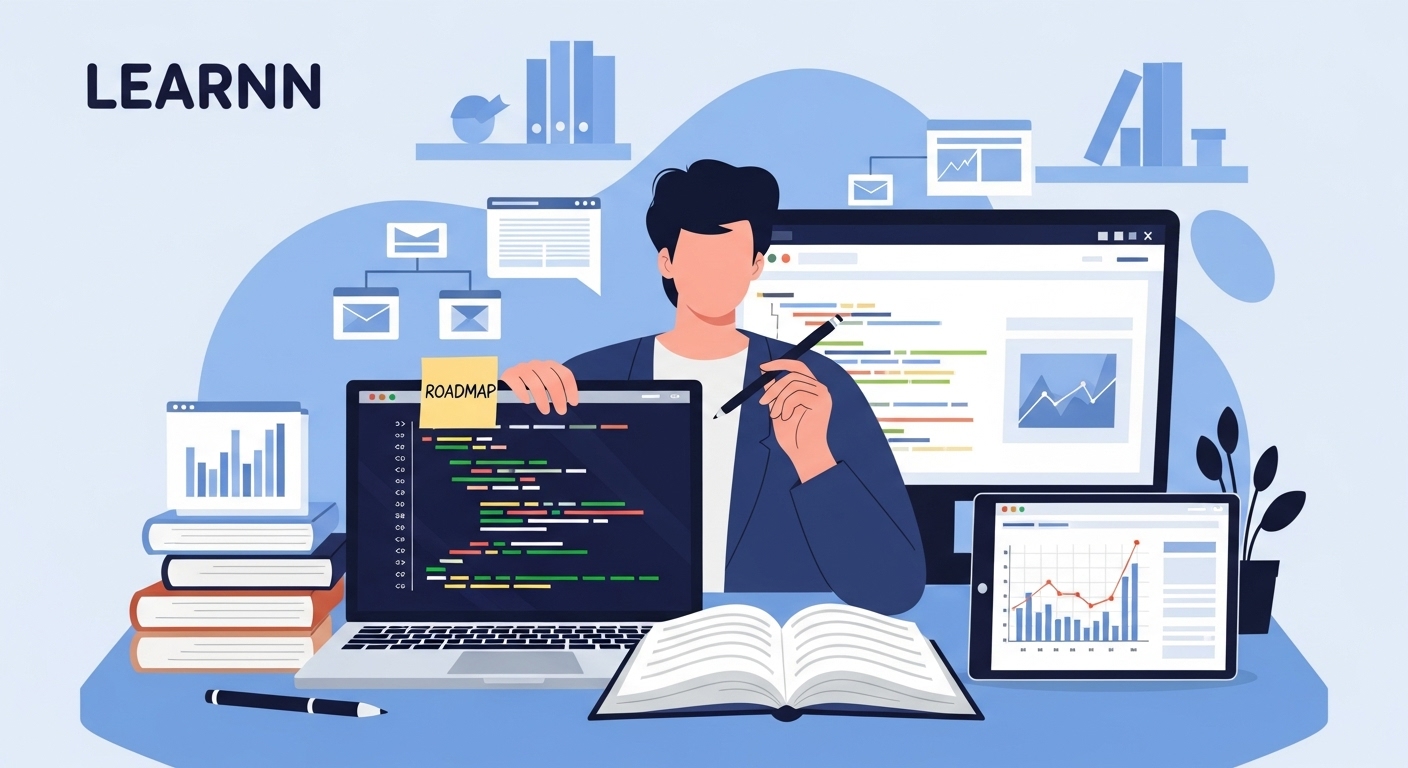 책과 노트북, 태블릿 등 다양한 학습 도구에 둘러싸여 웹 개발 및 분석 로드맵을 공부하는 사람의 모습. 지속적인 학습과 성장을 상징하는 클래식 블루 톤의 전문적인 학습 환경 일러스트입니다