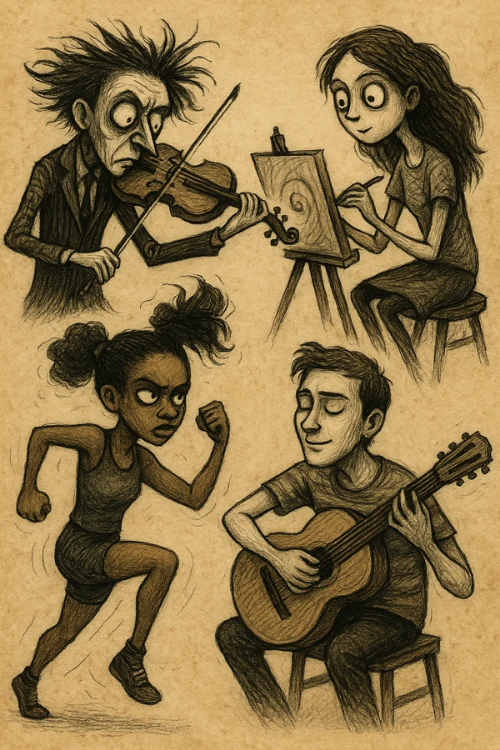 팀 버튼 스타일 일러스트, 악기 연주, 그림 그리기, 운동에 몰입한 네 명의 캐릭터가 각기 다른 장면 속에서 표현된 콜라주 구성