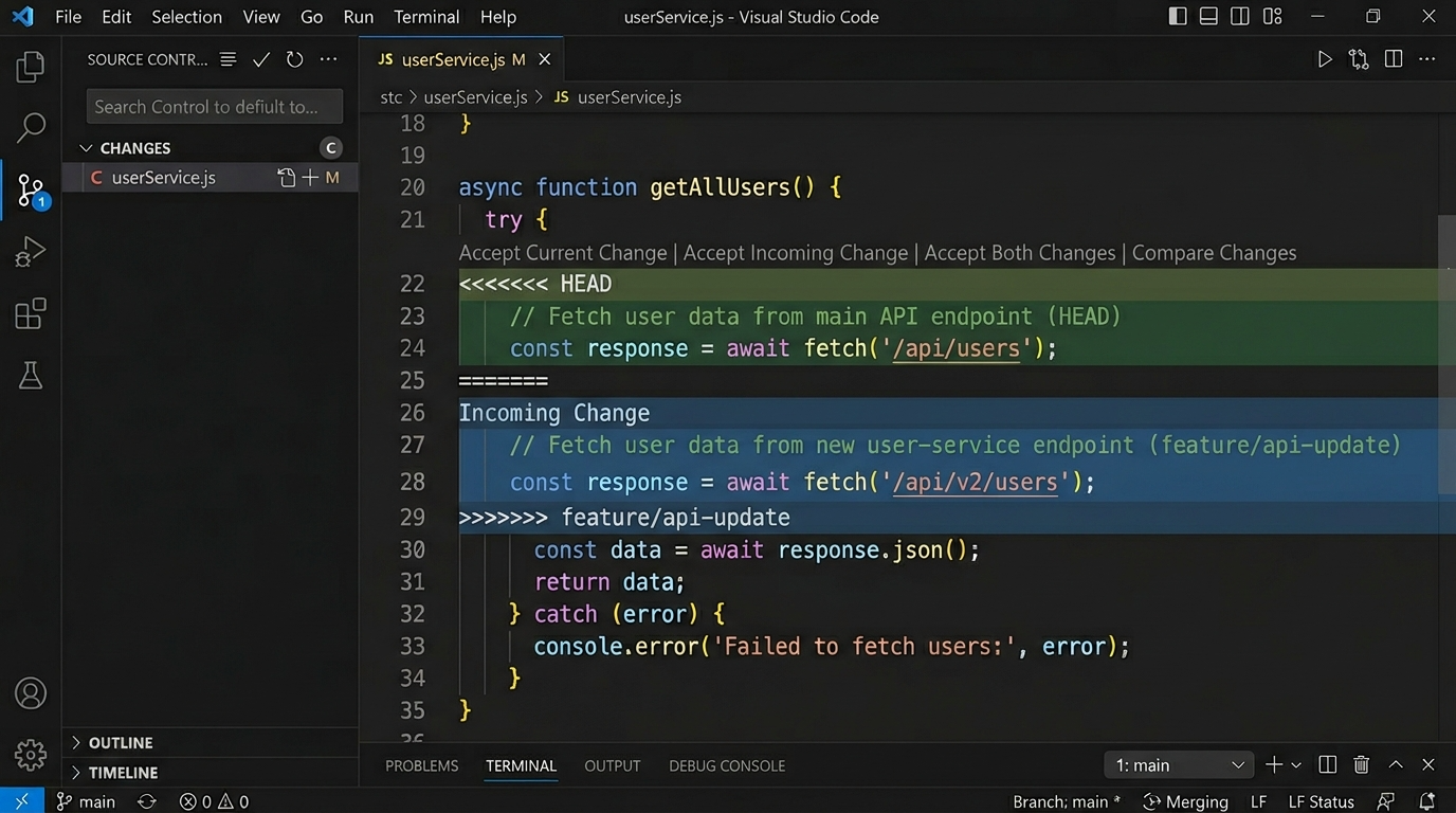VSCode 에디터에서 Git 충돌을 해결할 때 제공하는 직관적인 Accept Current Change, Accept Incoming Change 버튼과 하이라이팅된 코드 화면