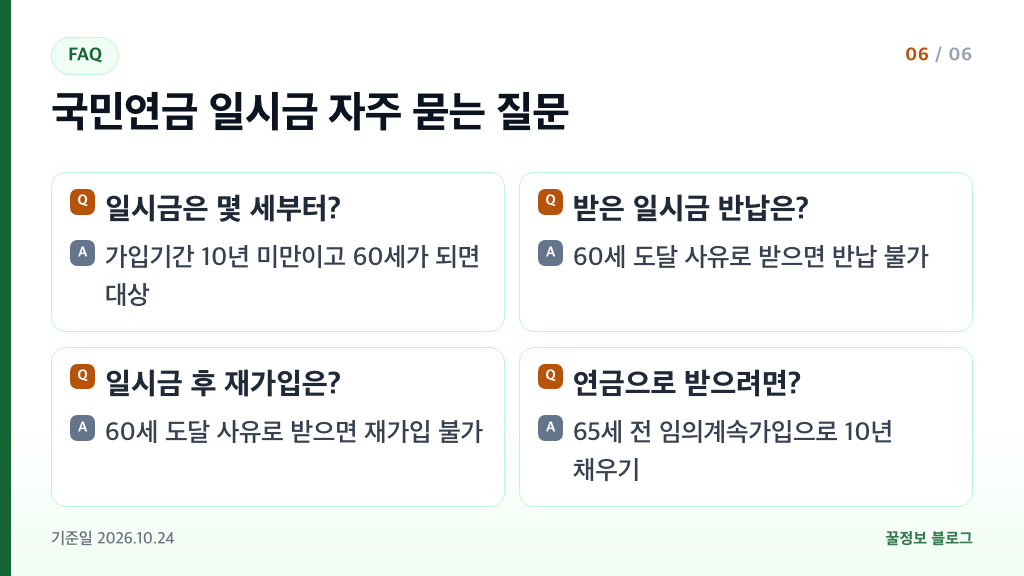 국민연금 일시금 수령조건 자주 묻는 질문 수령 나이 반납 재가입 임의계속가입 요약