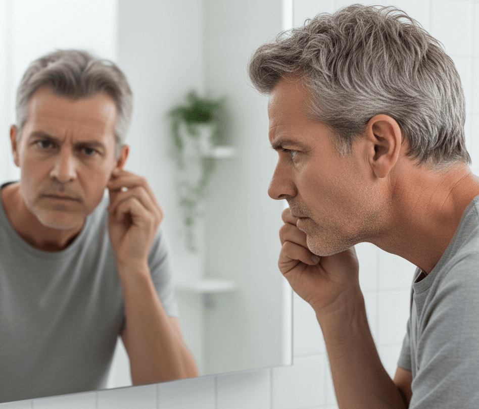 남성, 귓불, 거울, 거울속 모습