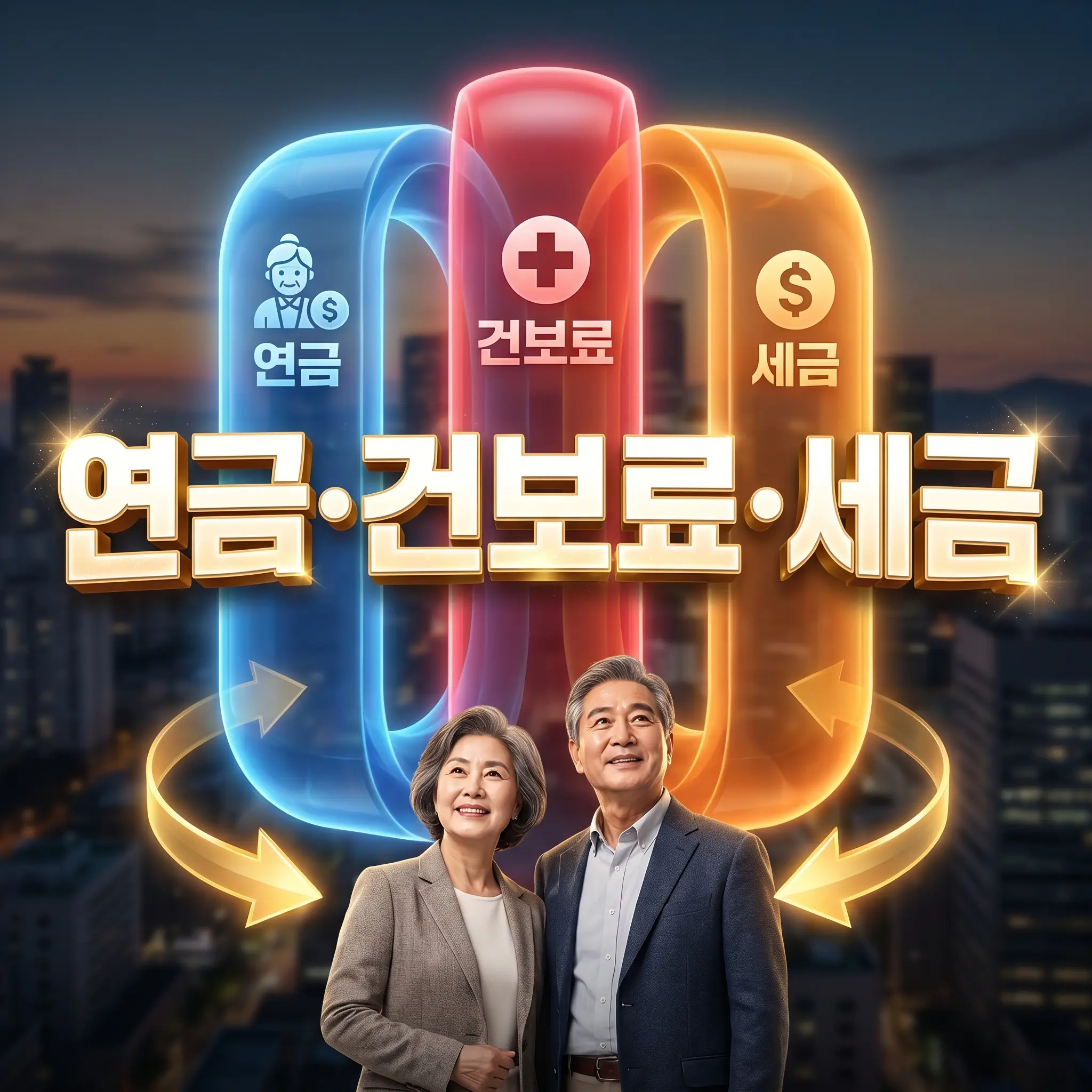 밝은 표정의 은퇴자 부부 뒤로 파란색 연금, 빨간색 건보료, 주황색 세금을 상징하는 세 개의 빛나는 기둥이 세워져 있는 모습입니다. 중앙에는 '연금&middot;건보료&middot;세금'이라는 입체적인 황금색 글씨가 크게 적혀 있어, 퇴직 후 반드시 알아야 할 돈의 흐름과 재무 설계 구조를 시각적으로 보여줍니다.
