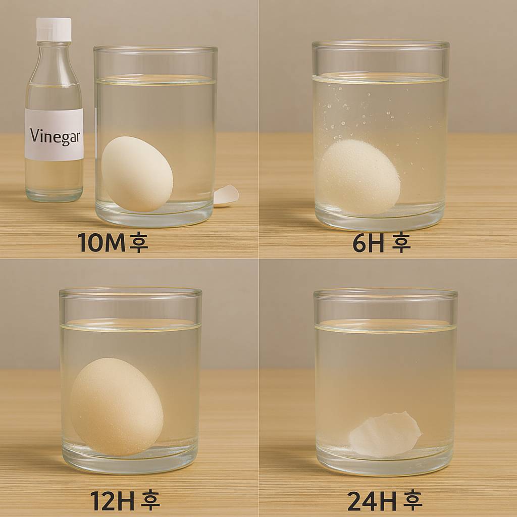 달걀껍질은 식초 속 산과 반응해 서서히 녹는다.