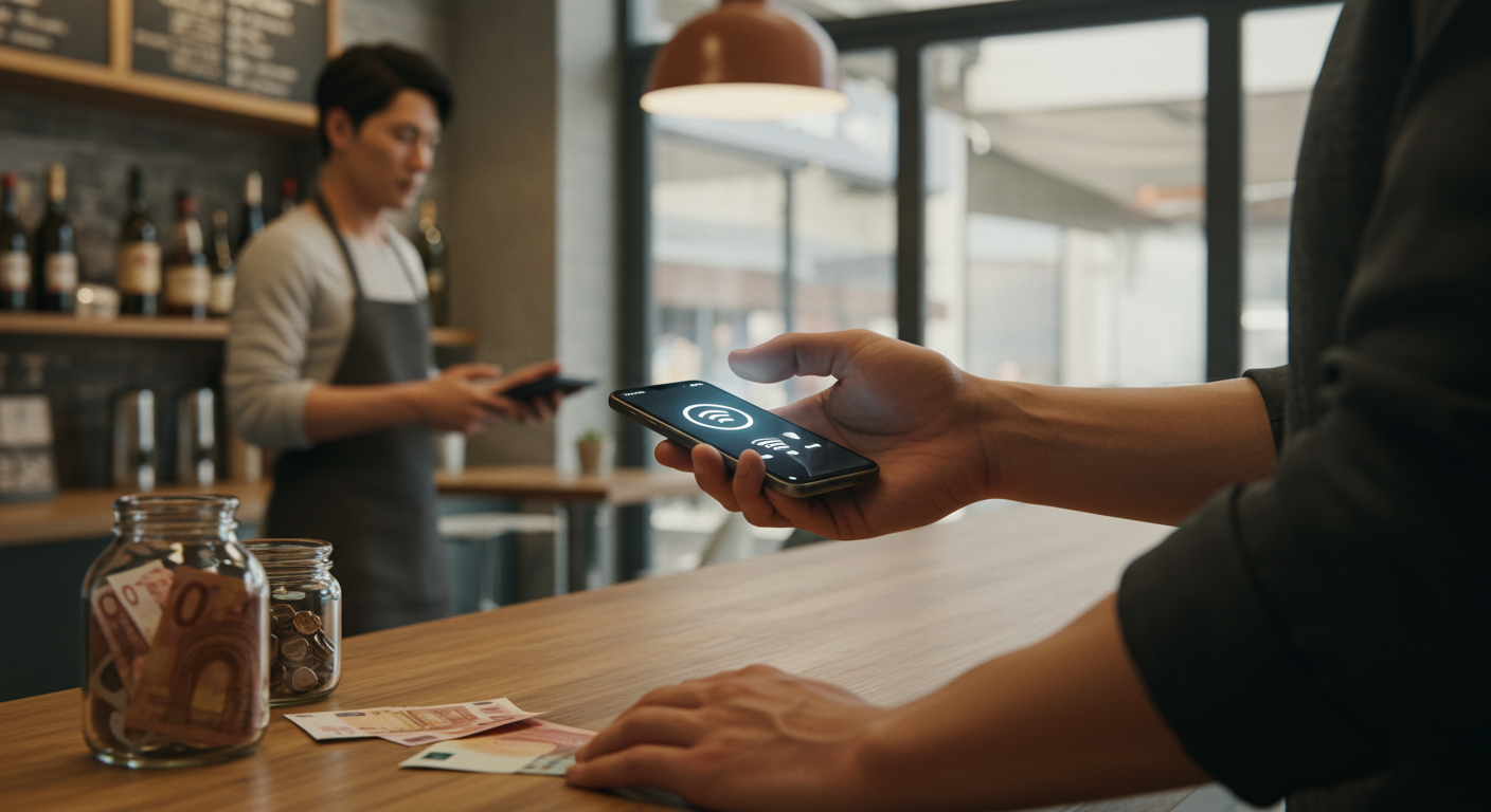 유럽 카페에서 스마트폰으로 간편하게 결제하는 모습, 유럽의 높은 카드 사용률을 나타냄.