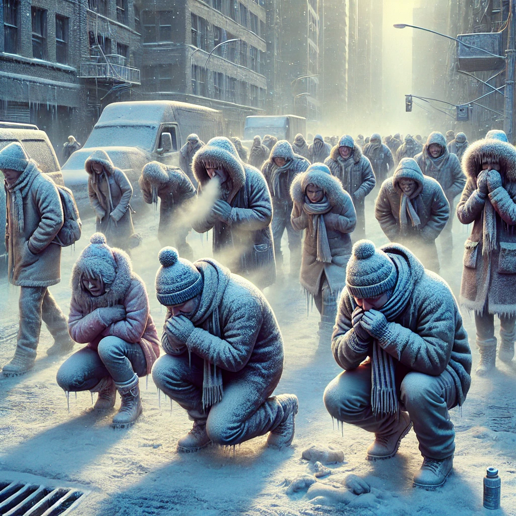 한파로 떨고 있는 사람들의 모습