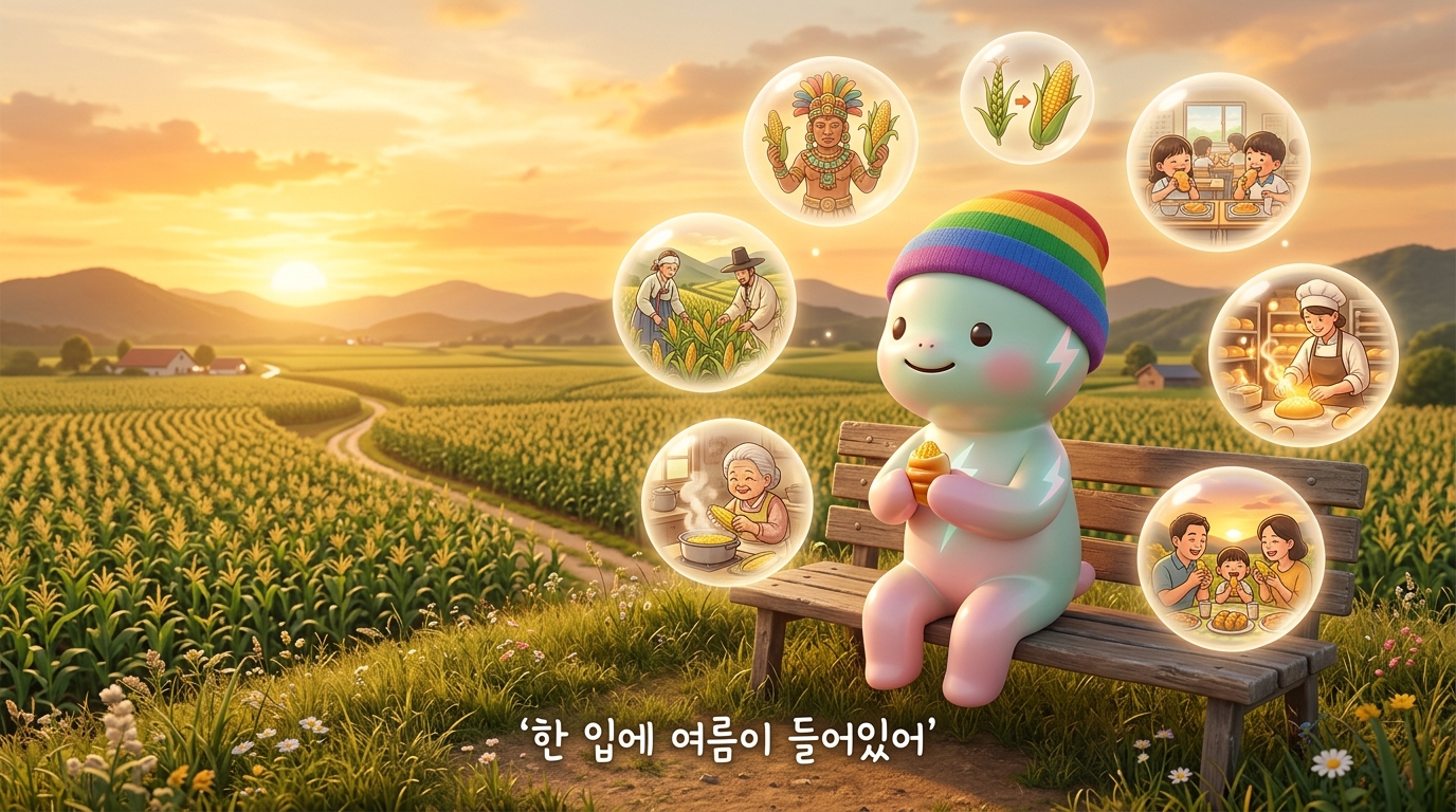 쫀쿠가 황금빛 석양의 언덕 위에 평화롭게 앉아 지평선까지 펼쳐진 한국 옥수수 밭을 바라보며, 작은 완벽한 옥수수 크림빵을 들고 따뜻하고 만족스러운 미소를 짓는 장면. 주변에는 옥수수의 여정을 보여주는 반투명 기억 버블들: 고대 마야 옥수수 신들, 9,000년 테오신테 진화, 조선 강원도 농부들, 학교 매점 옥수수빵, 할머니의 찐옥수수, 현대 베이커리 주방, 가족 여름 추억. 한글 텍스트: '한 입에 여름이 들어있어'.
