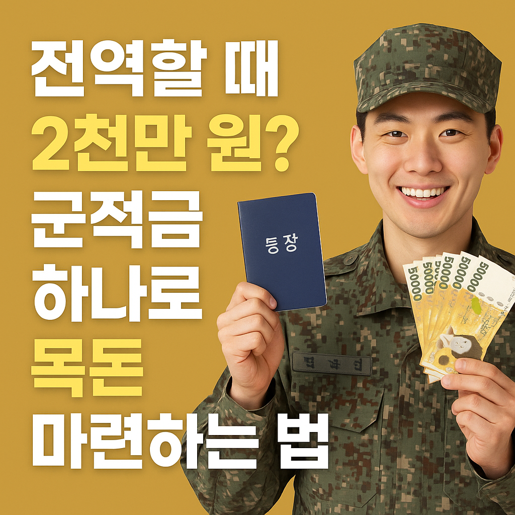 군복을 입은 장병이 통장과 오만원 지폐를 들고 미소짓고 있으며, 옆에는 '전역할 때 2천만 원? 군적금 하나로 목돈 마련하는 법'이라는 문구가 쓰여 있는 이미지