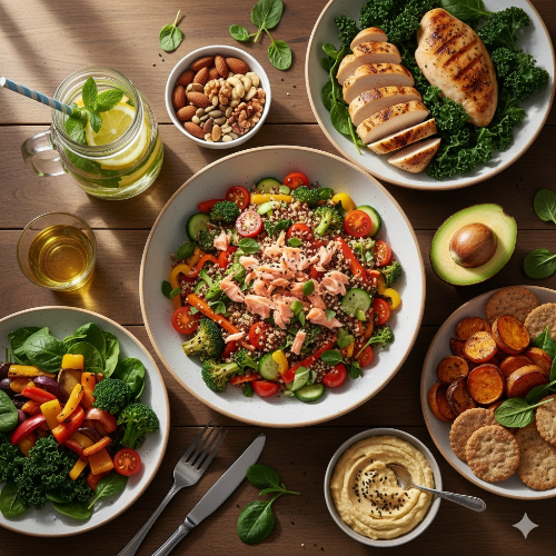 신선한 채소와 단백질 위주의 건강한 식단이 차려진 테이블