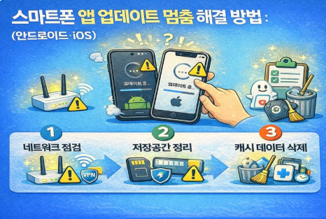 스마트폰 앱 업데이트가 멈출 때 네트워크, 저장공간, 캐시 문제를 점검해 해결하는 안드로이드&middot;iOS 가이드 이미지