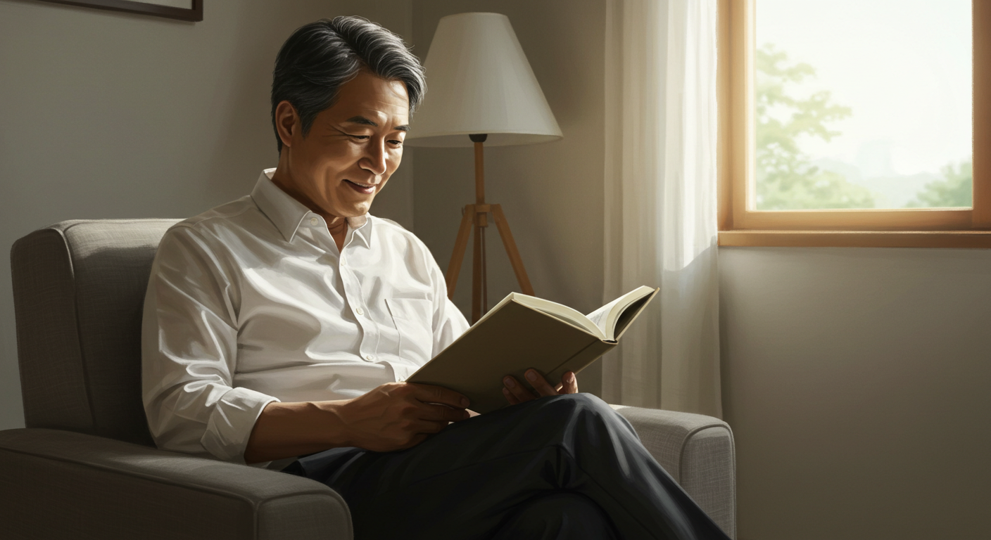 창가에서 책을 읽는 남성