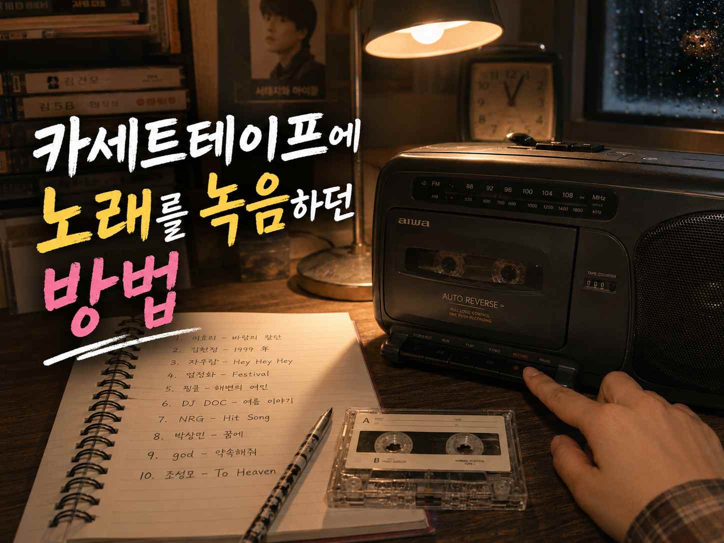 카세트 라디오의 녹음 버튼을 누르는 손과 공테이프, 노래 목록이 적힌 공책이 놓인 책상