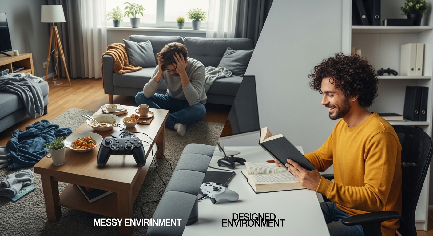 습관을 위해 좋은 환경(정리된 책상)과 나쁜 환경(어지러운 방)을 대조적으로 보여주는 그림