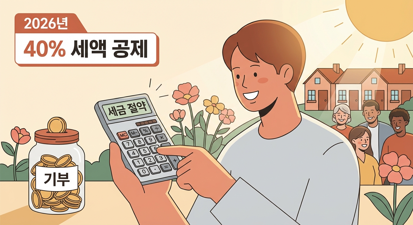 2026년 고향사랑기부금 세액공제율 40% 확대로 계산기를 사용하며 환하게 웃는 사람의 모습, 세금 절감과 지역 사회 발전의 시각적 상징.