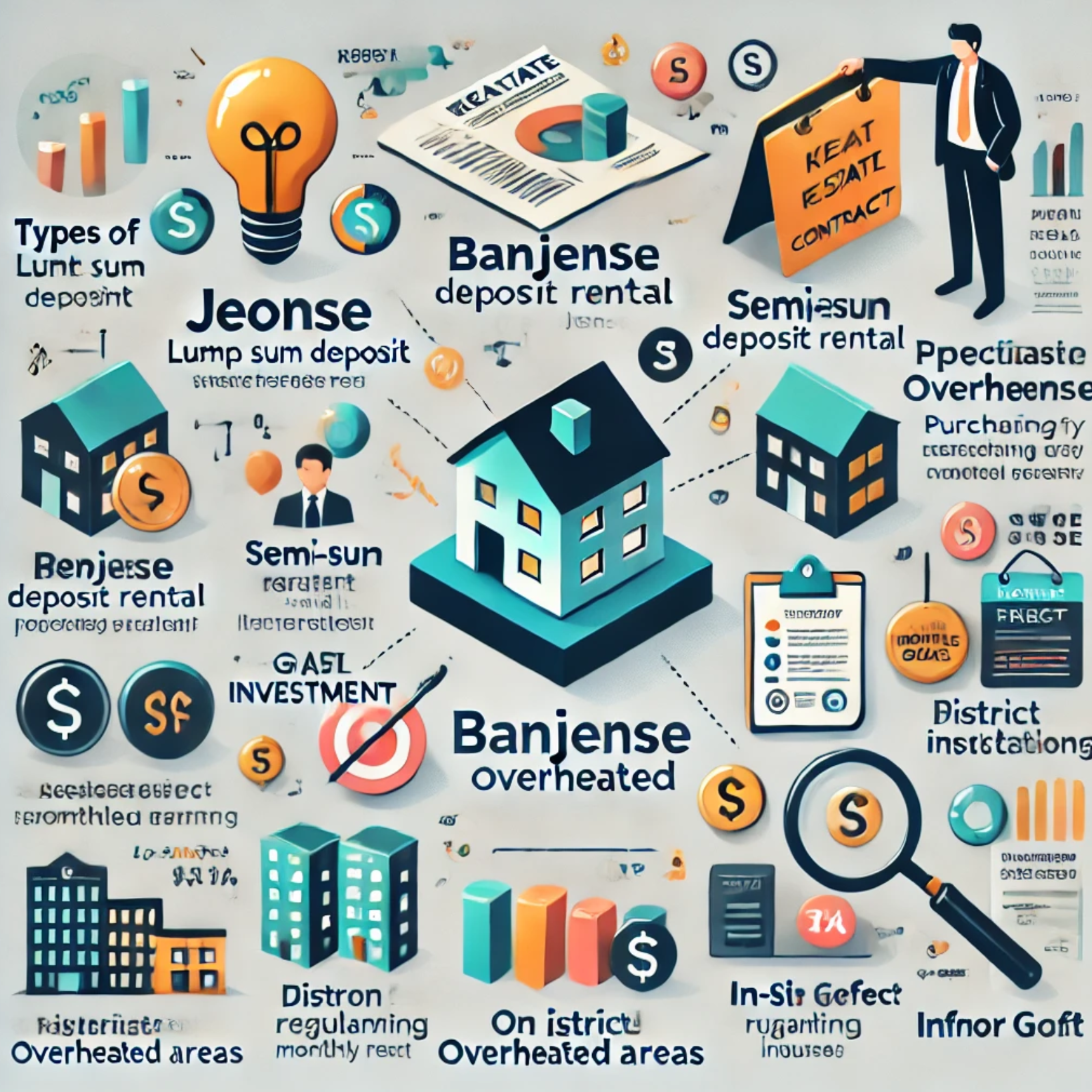 부동산 투자 개념을 설명하는 인포그래픽: 전세, 반전세, 월세 비교 아이콘, 갭투자의 위험과 보상 시각화, 투기과열지구 규제 표시, 임장(현장 조사) 과정, 전매 제한, 풍선 효과, 지구단위계획, 열등재 등 핵심 부동산 용어를 아이콘과 그래픽으로 표현한 일러스트