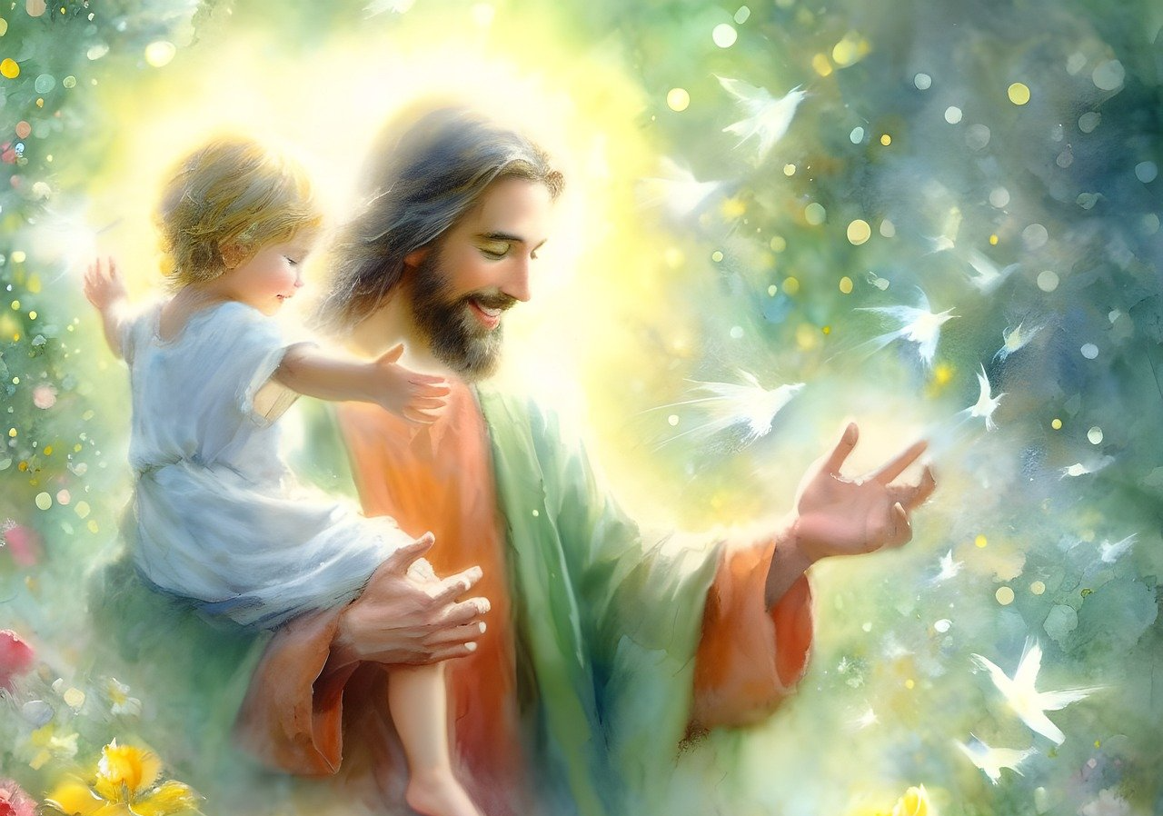 예수님이 오른팔로 아기를 안고 있는 모습