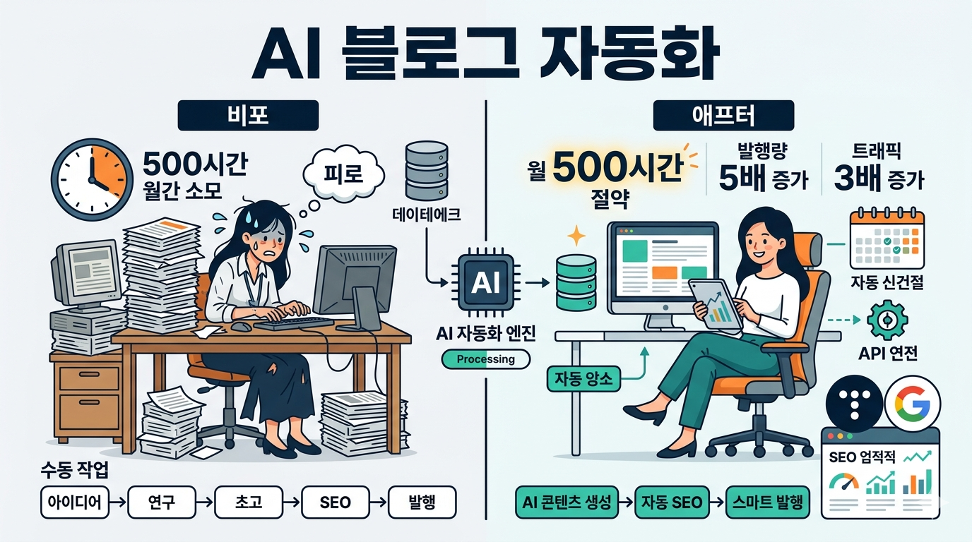 AI 블로그 자동화로 수동 작업(피로)에서 자동화(성장)로 전환되는 과정을 보여주는 인포그래픽 이미지. 월 500시간 절약, 발행량 5배 및 트래픽 3배 증가 성과 시각화