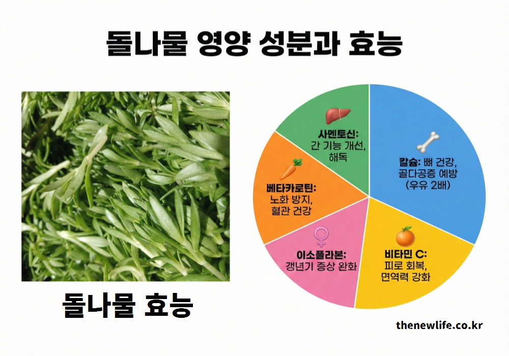 칼슘, 비타민C, 이소플라본, 베타카로틴, 사멘토신 등 돌나물의 5대 핵심 영양 성분과 효능을 정리한 도표 이미지