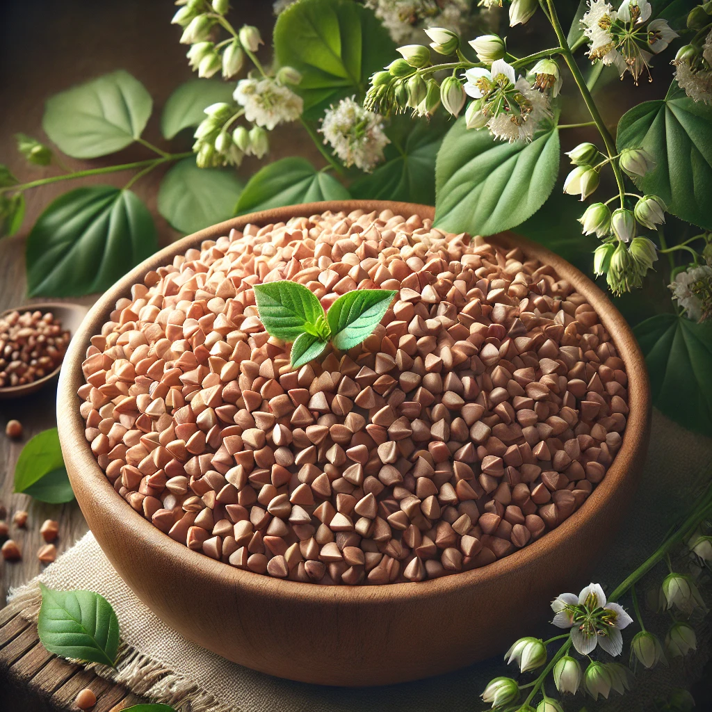 나무 그릇에 담긴 메밀알과 주변에 메밀 잎과 꽃이 있는 자연스러운 이미지.