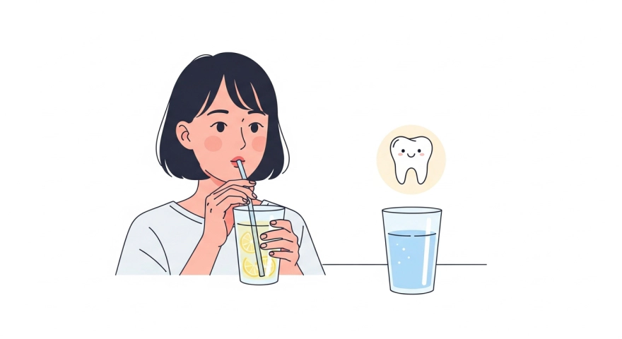빨대로 레몬 물을 마시고 물로 헹구어 치아를 보호하는 생활 습관 그림