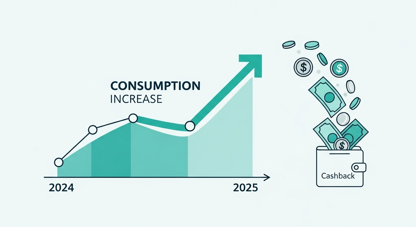 2024년 대비 2025년 소비 증가액을 시각화한 그래프와 캐시백이 지갑으로 들어가는 모습.