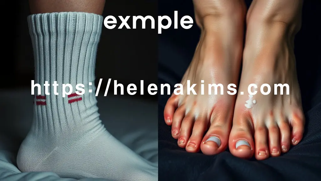 발목을 너무 꽉 조이는 듯한 수면양말을 신은 발의 모습과 습한 발바닥이나 발가락 사이의 모습.