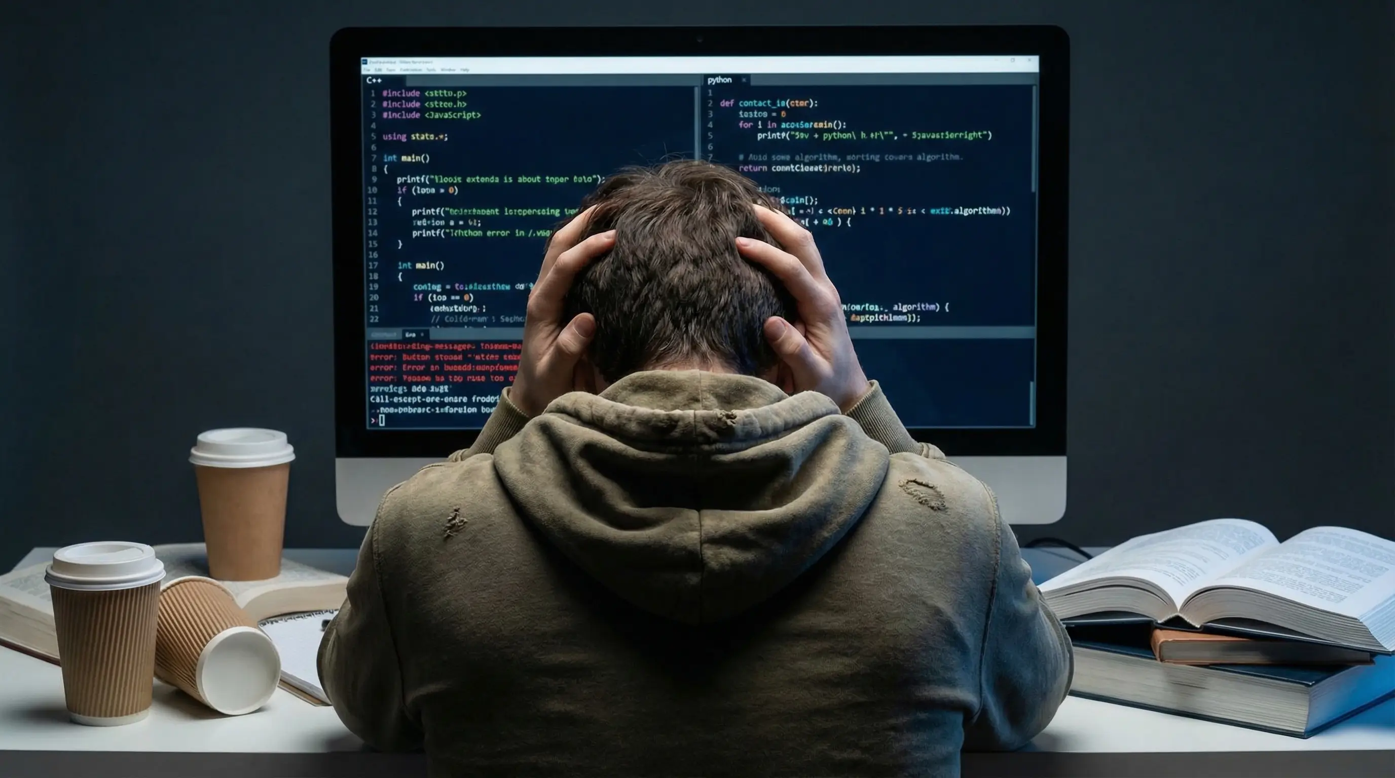 모니터 화면에 복잡한 코딩 언어가 가득하고 머리를 싸매고 있는 비전공자 수강생의 뒷모습