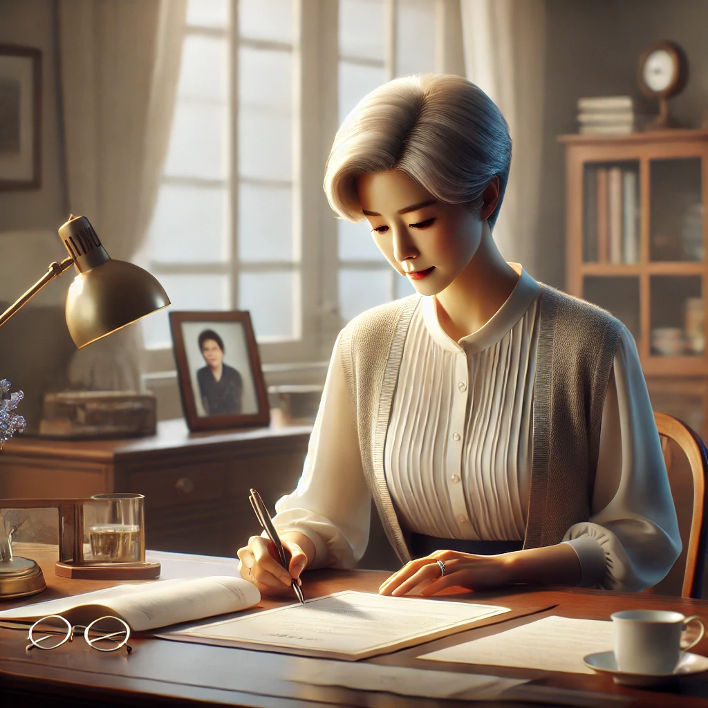 유언장 작성: 이정숙 씨가 유언장을 작성하는 모습을 묘사하는 장면.