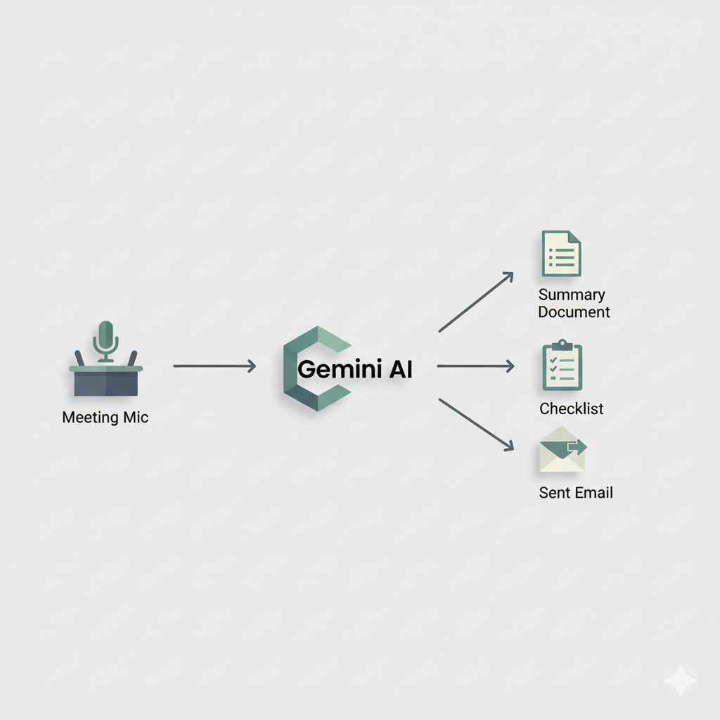 회의 데이터가 AI를 통해 요약본, 할 일 목록, 보고 메일로 자동 전환되는 3단계 워크플로우 인포그래픽.