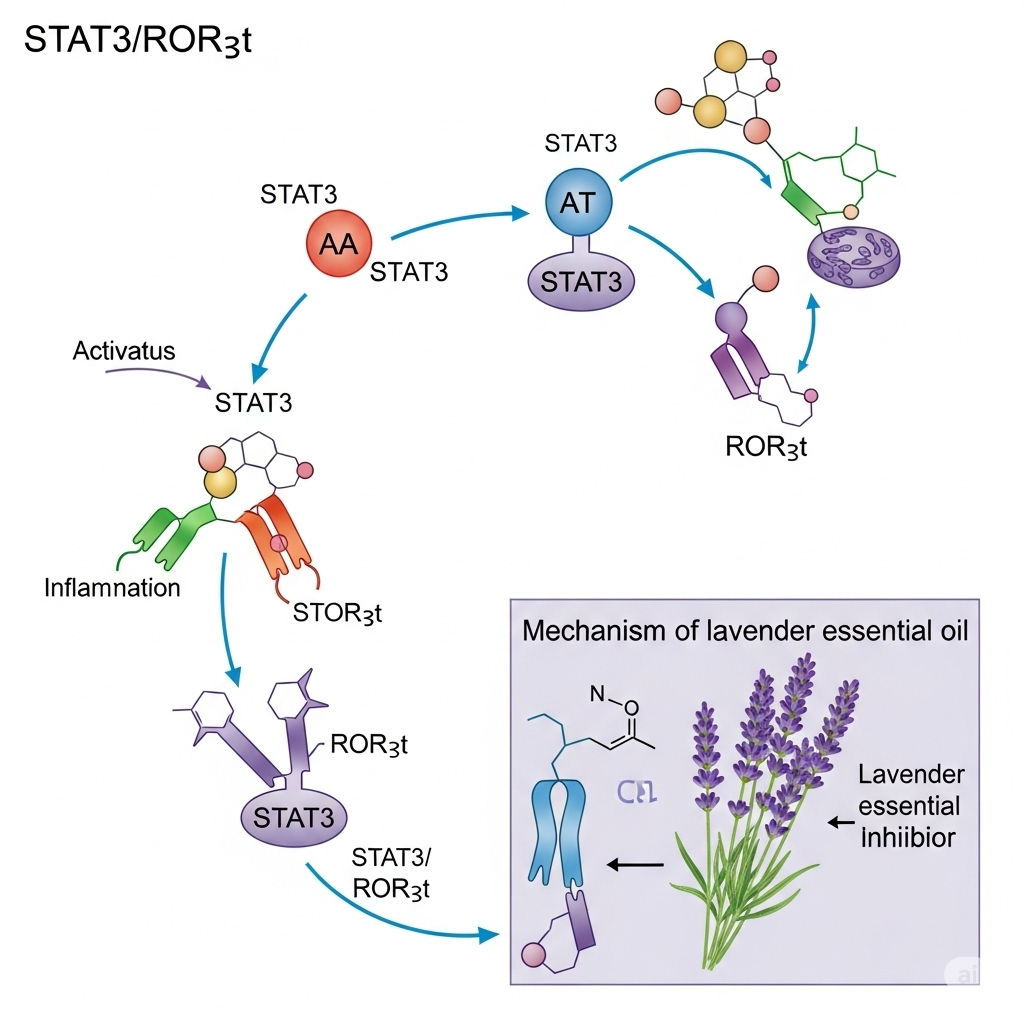 STAT3/RORγt 경로와 라벤더 에센셜 오일의 작용 메커니즘을 보여주는 과학적 삽화