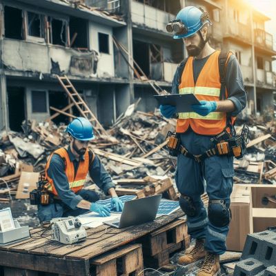 방재전문가가 재난 현장에서 재난복구활동을 하고 있다.