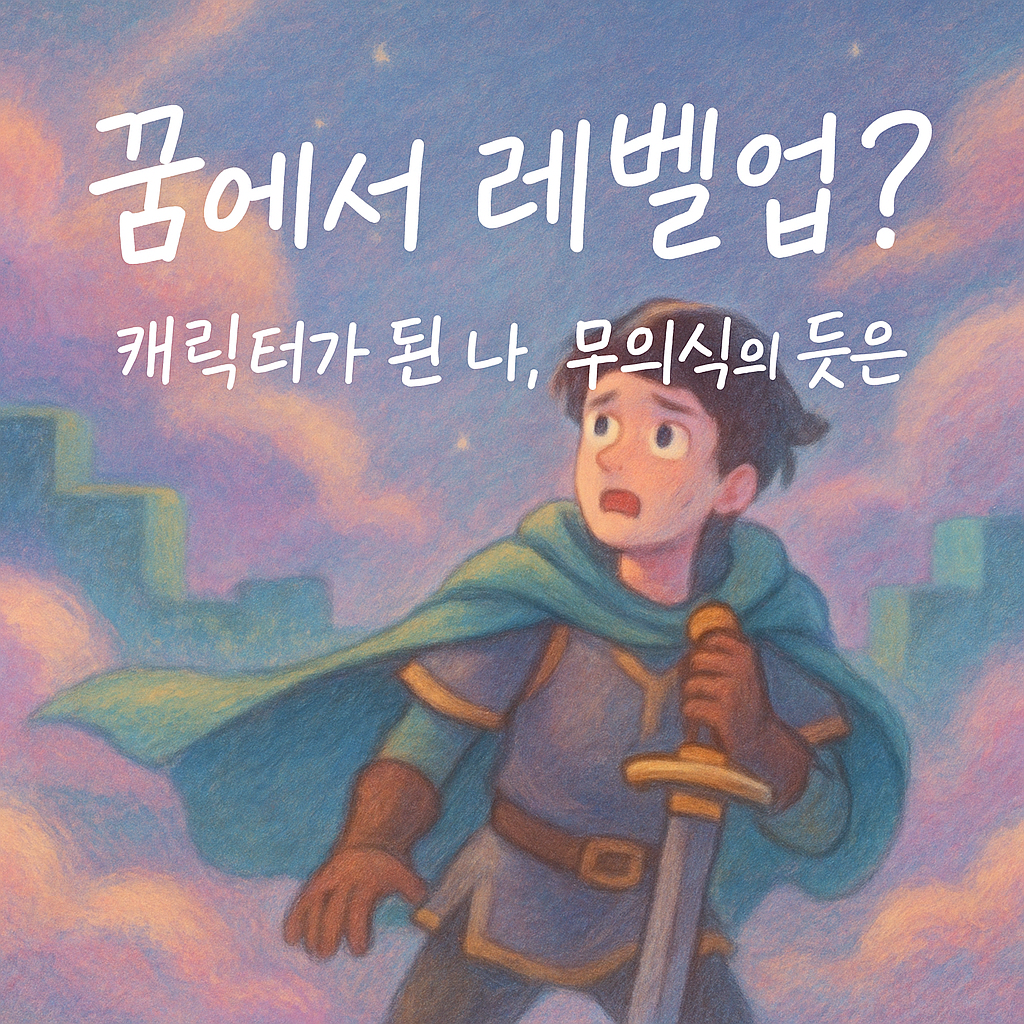 파스텔 톤의 몽환적 일러스트, 게임 캐릭터가 된 남성이 가상 세계 속을 모험하는 장면과 한국어 제목 텍스트가 어우러진 블로그 썸네일