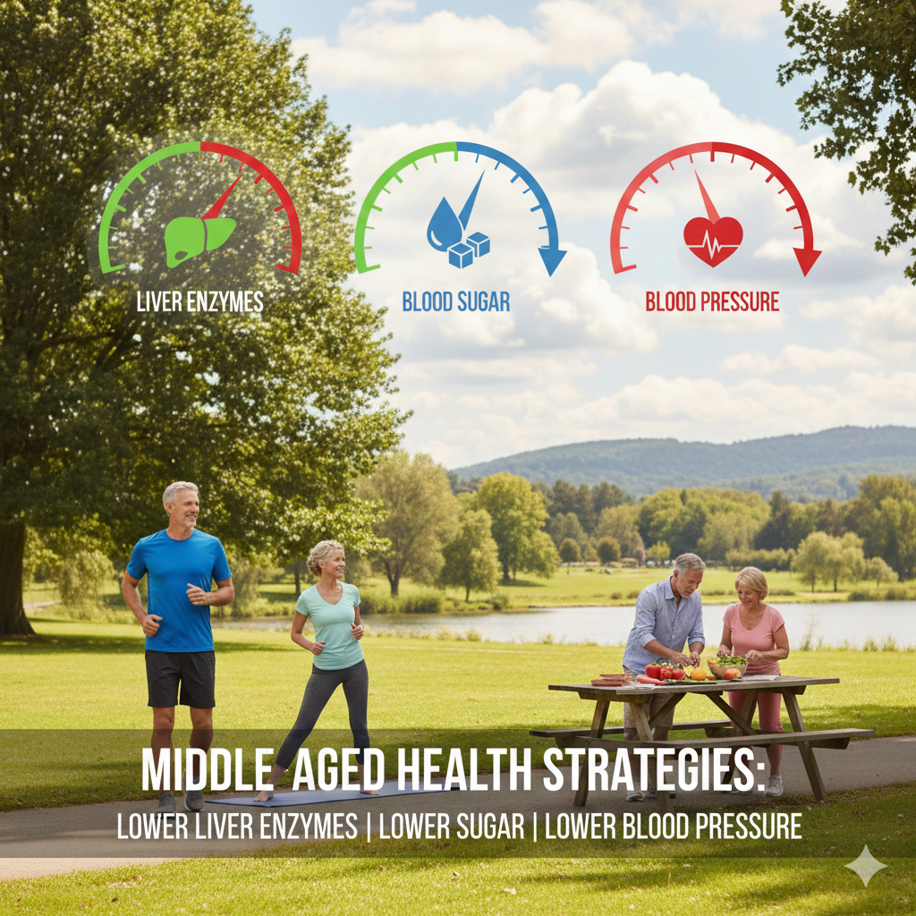 중년 건강을 지키는 간수치·혈당·혈압 낮추기 전략 포스터