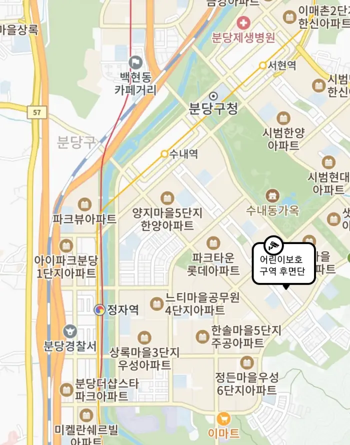 성남시 분당구 수내동 푸른어린이공원 후면 단속 카메라 설치 위치