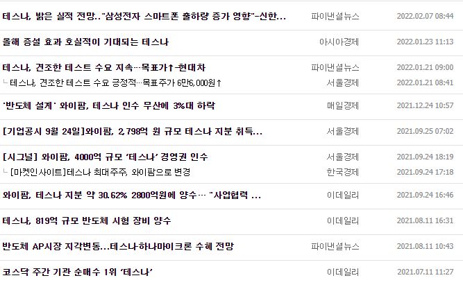 테스나 뉴스, 공시