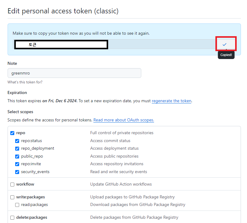 GitHub 토큰 복사 화면