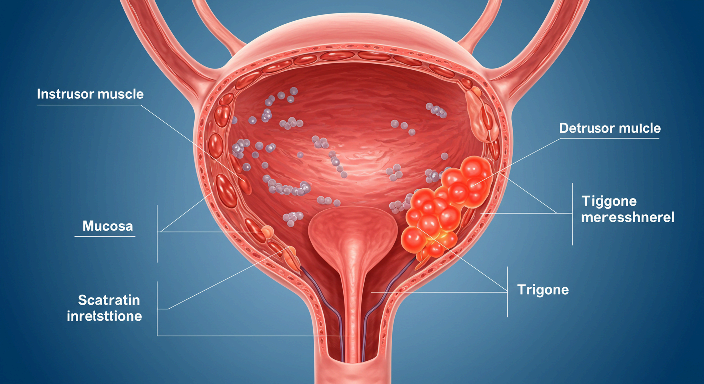 방광 내부 구조를 보여주는 의학 일러스트. 방광벽, 방광 삼각(Trigone) 및 배뇨근(Detrusor muscle) 등의 해부학적 명칭과 함께 방광 내 염증이나 종양으로 보이는 이상 조직이 표현되어 있음. 소변 문제와 관련된 질환 설명 이미지.