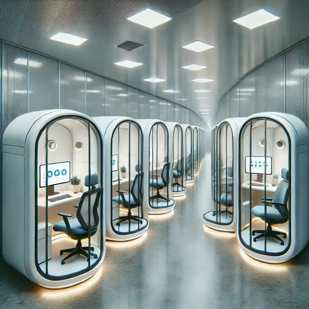 미래형 개별 업무 공간, 스마트 데스크, AI 어시스턴트 등 효율적인 디자인이 반영되어 있어요