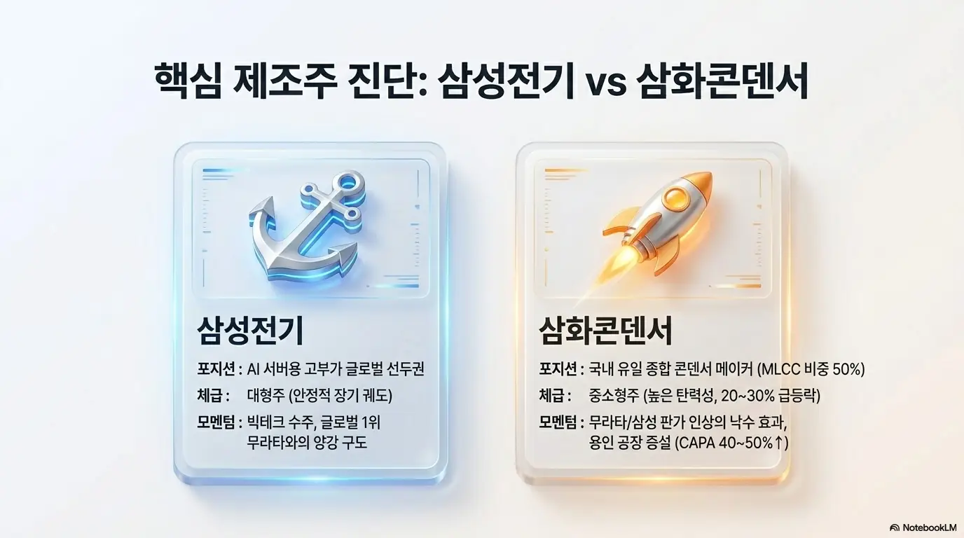 MLCC 관련주: MLCC 핵심 제조주인 삼성전기와 삼화콘덴서를 비교한 이미지. 삼성전기는 AI 서버용 고부가 선두권의 대형주로&amp;#44; 삼화콘덴서는 국내 유일 종합 메이커이자 변동성이 큰 중소형주로 포지션과 모멘텀이 정리되어 있다. 이 이미지는 두 MLCC 대장주의 체급과 모멘텀 차이를 시각적으로 전달하며&amp;#44; 블로그의 MLCC 대장주 주제와 관련된 내용을 설명한다 