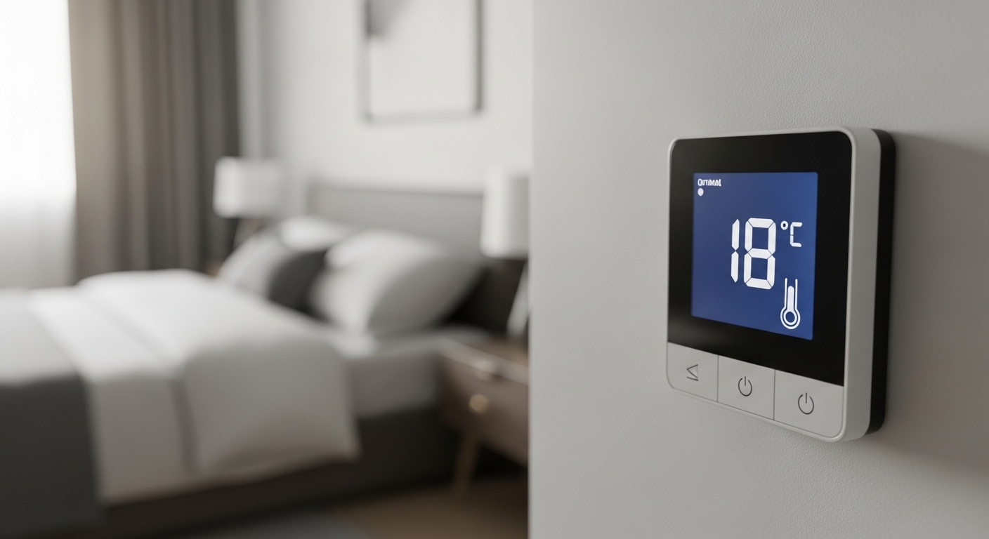 과학적으로 최적화된 편안하고 고요한 침실의 야경. 숙면을 위한 온도, 빛, 향기 요소가 조화롭게 어우러져 있다.