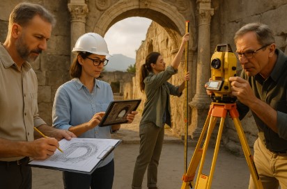 고대 석조 유적 앞에서 실측 장비와 태블릿을 활용해 기록 작업을 진행하는 문화유산 전문가들