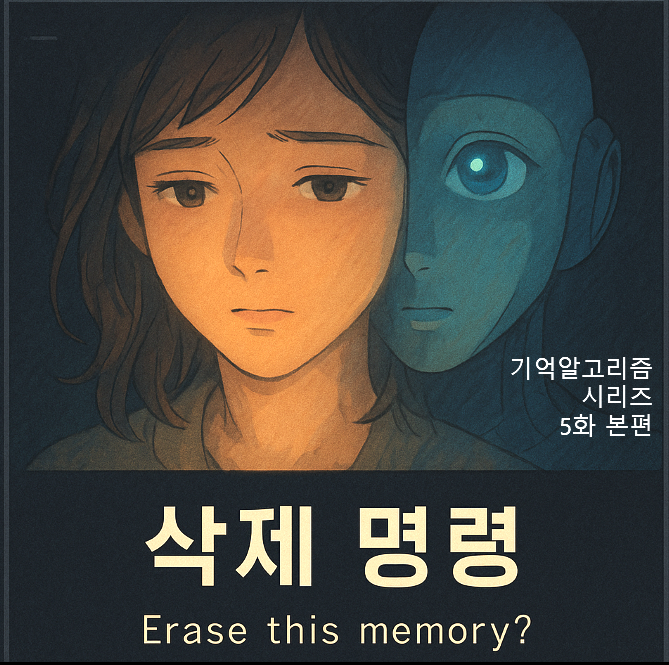 어두운 콘솔창 위로 시연의 얼굴과 인공지능의 눈망울이 겹쳐진 몽환적 장면, 《기억 알고리즘》 5화 대표 이미지.